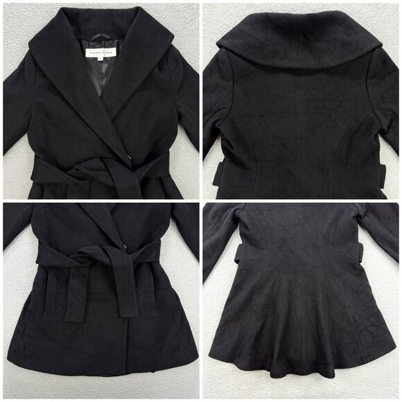 Trina Turk Coat Womens 6 Black Wool Cashmere Wrap Belted Jacket Shawl Collar - Picture 9 of 12